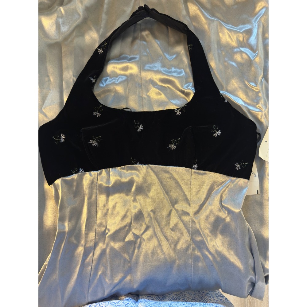 XOXO Maxi Dress Y2K 90s Silver Black Velvet Floral Embroidery Halter Vintage